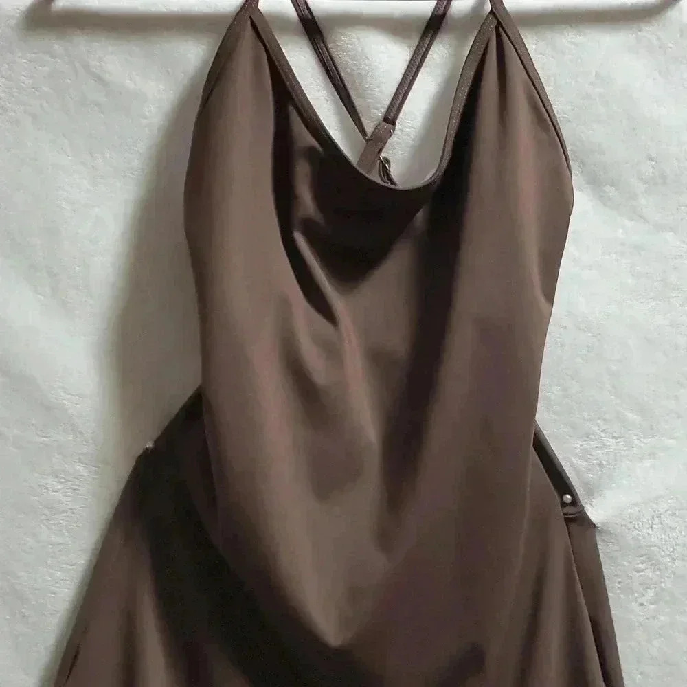Brown jumpsuit crisscross back straps